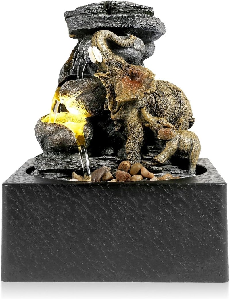 BEAMNOVA Tabletop Fountain,3 Tiered Elephant & Baby Elephant Indoor Fountains,with LED Light Water Feature for Home Office Décor - Image 1